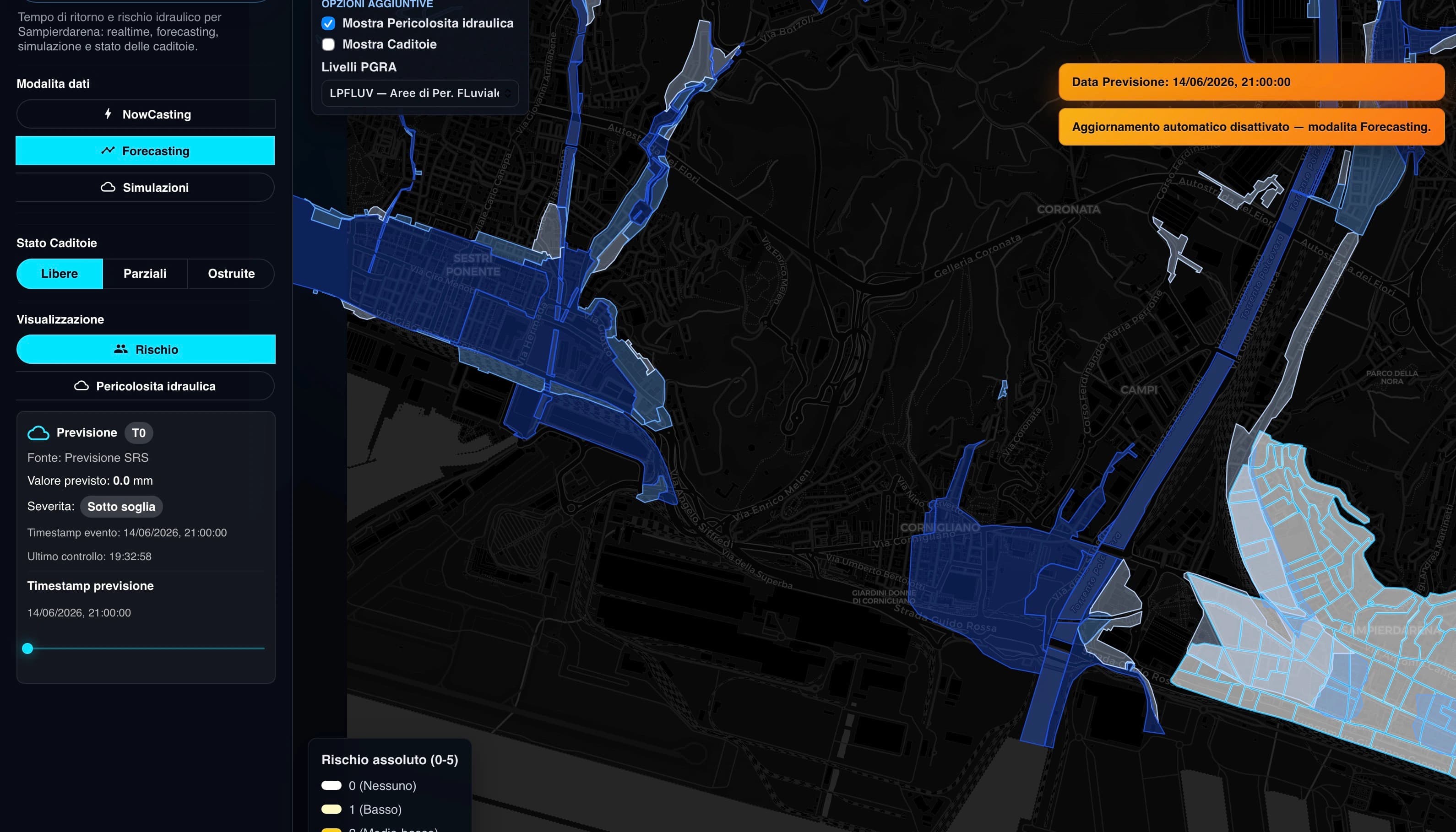 Mappa RAIN4UTILITY in modalità forecasting con aree di rischio idraulico e previsione su scenario urbano