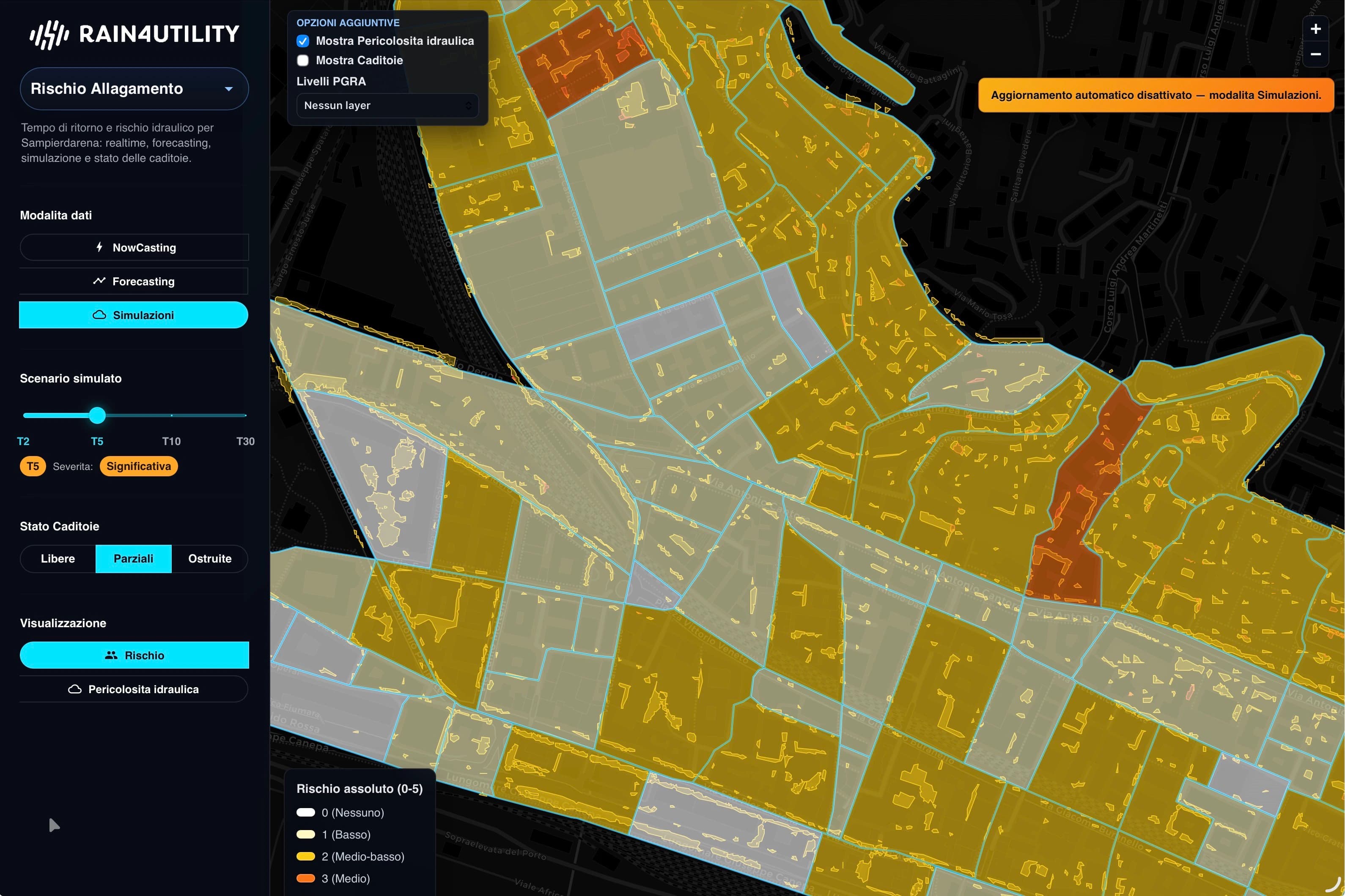 Mappa RAIN4UTILITY con simulazione del rischio allagamento, pericolosità idraulica e stato caditoie