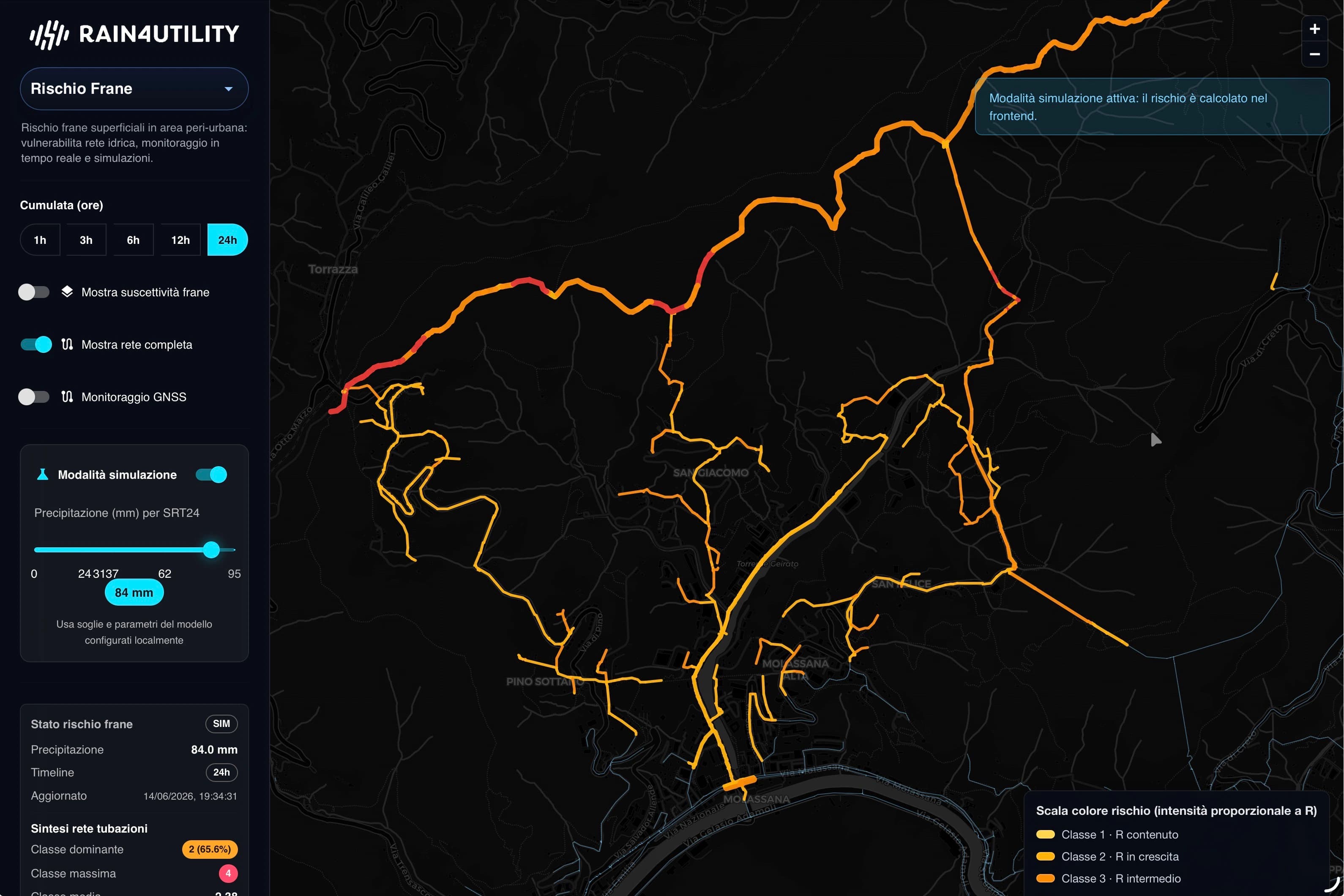 Mappa RAIN4UTILITY del rischio frane con rete idrica, tubazioni e classi di rischio operativo