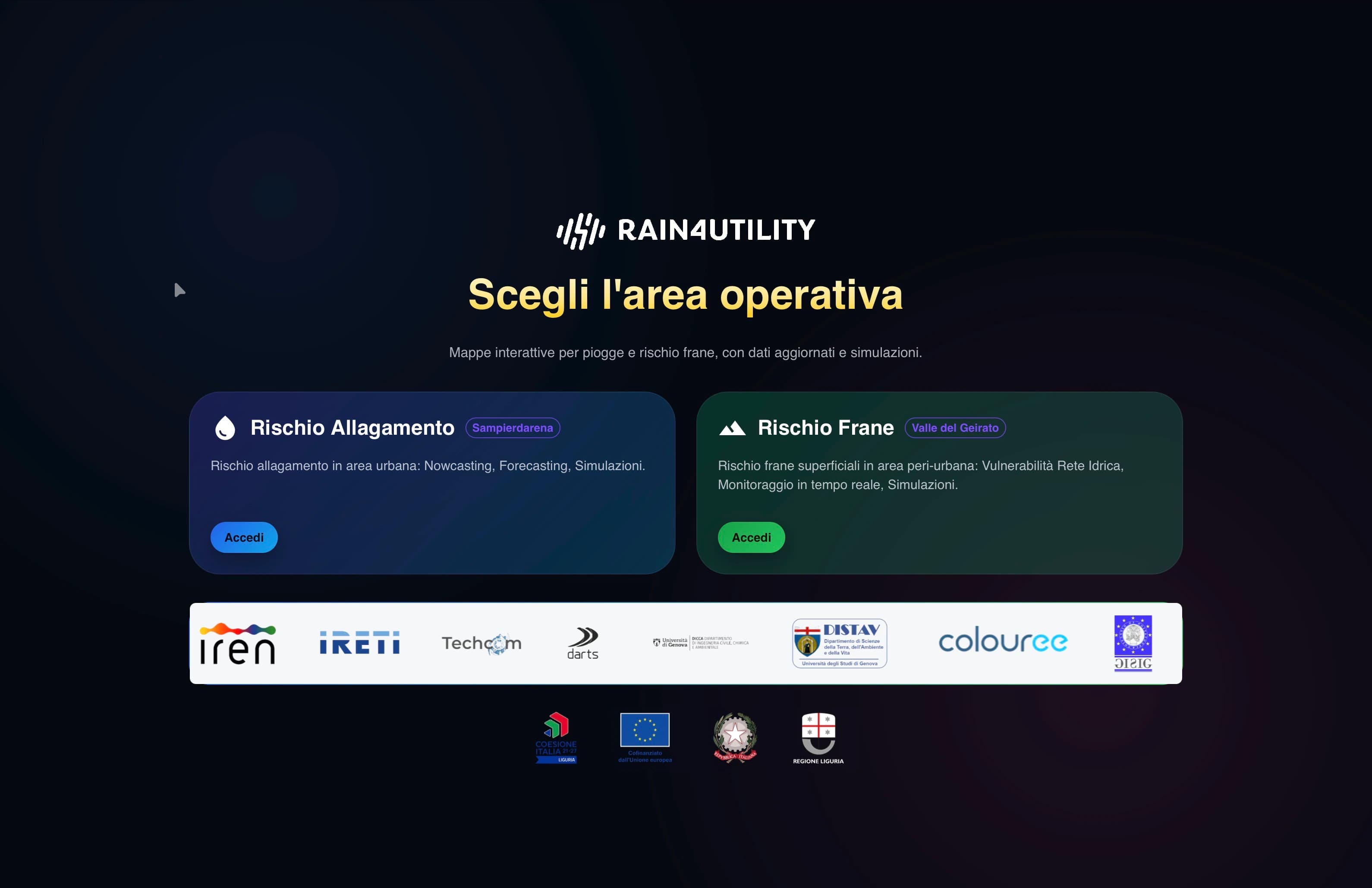 RAIN4UTILITY con selezione dell’area operativa per rischio allagamento e rischio frane