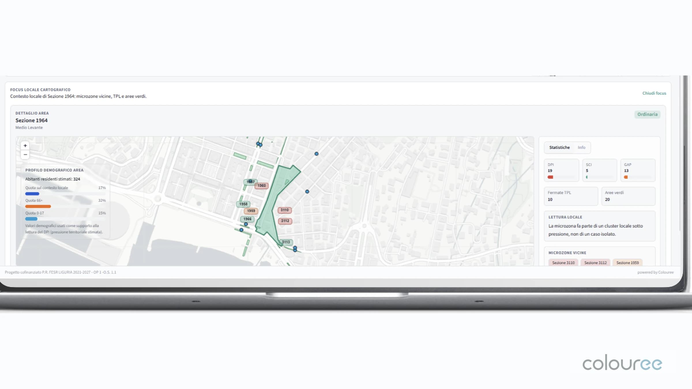 Dettaglio SIMCITY di una microzona con indicatori locali, copertura, accessibilita e ragioni della priorita