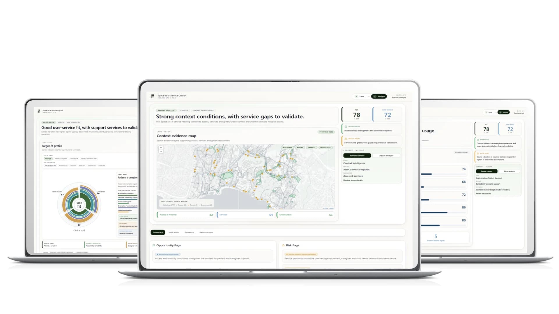 Tre laptop mostrano una dashboard Colouree per INBLANC dedicata a contesto, accessibilita e servizi attorno agli asset immobiliari