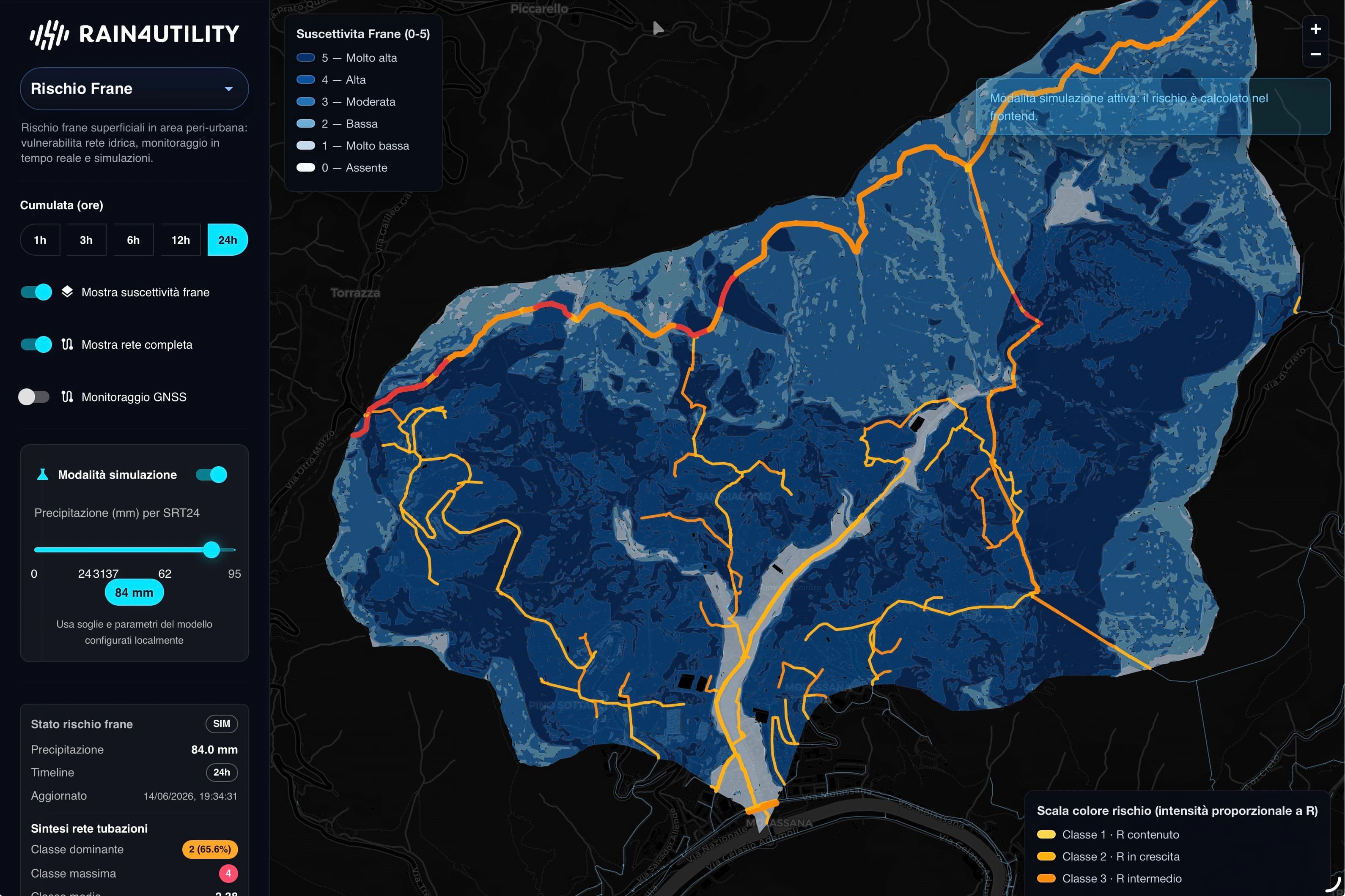 Mappa RAIN4UTILITY del rischio frane con suscettività, rete completa e simulazione della precipitazione