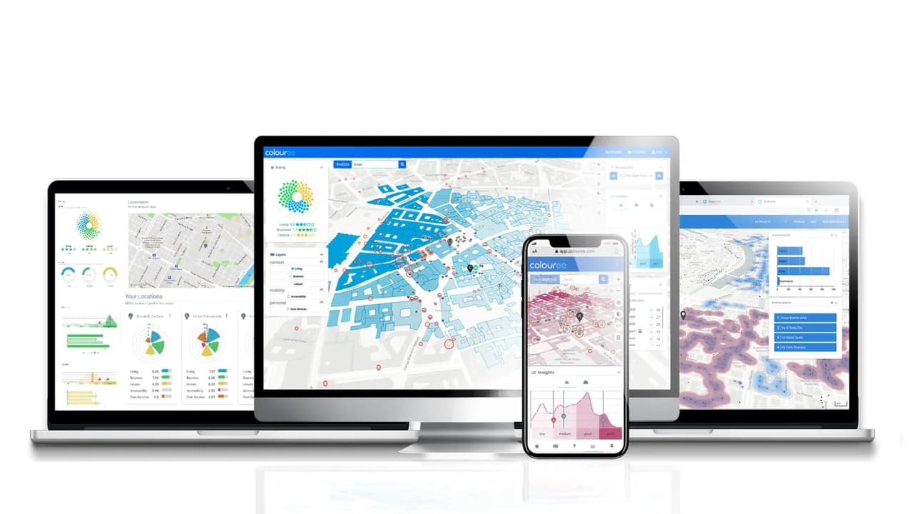 Interfacce Colouree di Context Intelligence su desktop e mobile con mappe WebGIS, rating territoriali, indicatori e analisi di accessibilità per valutare luoghi e asset.