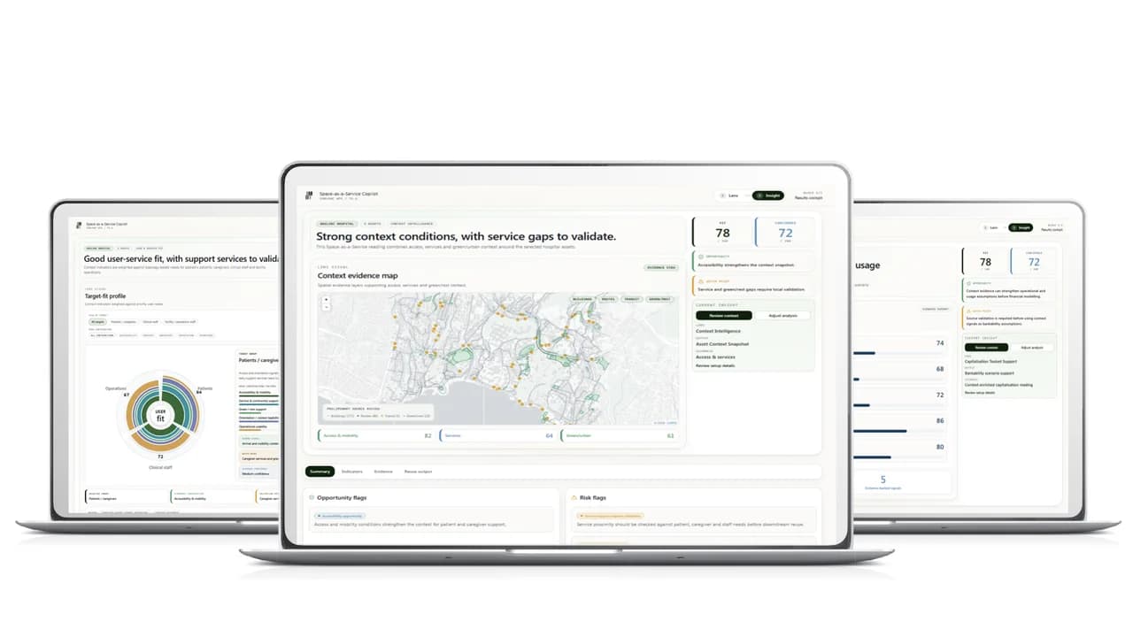 Interfacce INBLANC con mappe di contesto urbano, rating di localizzazione, indicatori e analisi dei servizi per valutare asset immobiliari.