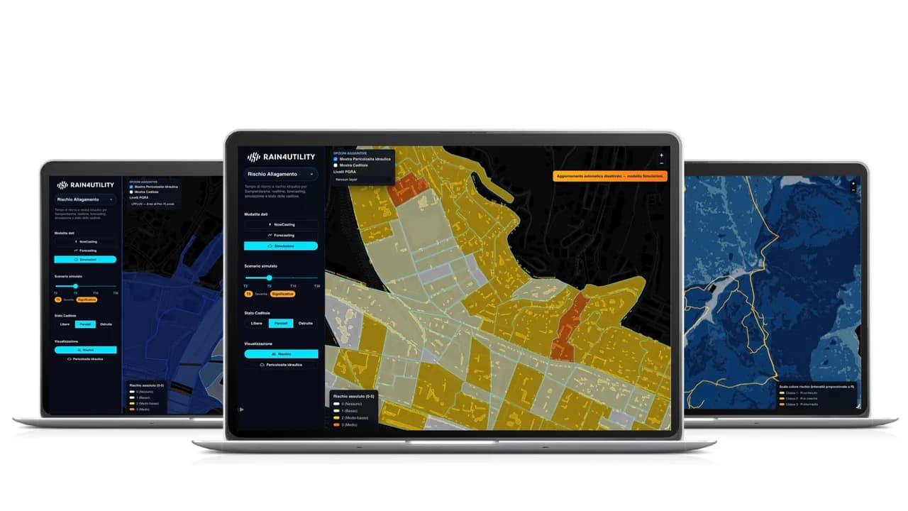 Dashboard RAIN4UTILITY con mappa del rischio di allagamento, scenari simulati, livelli di rischio e pannelli operativi per utility e territori esposti.